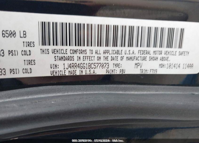 2011 JEEP GRAND CHEROKEE LAREDO VIN: 1J4RR4GG1BC577073