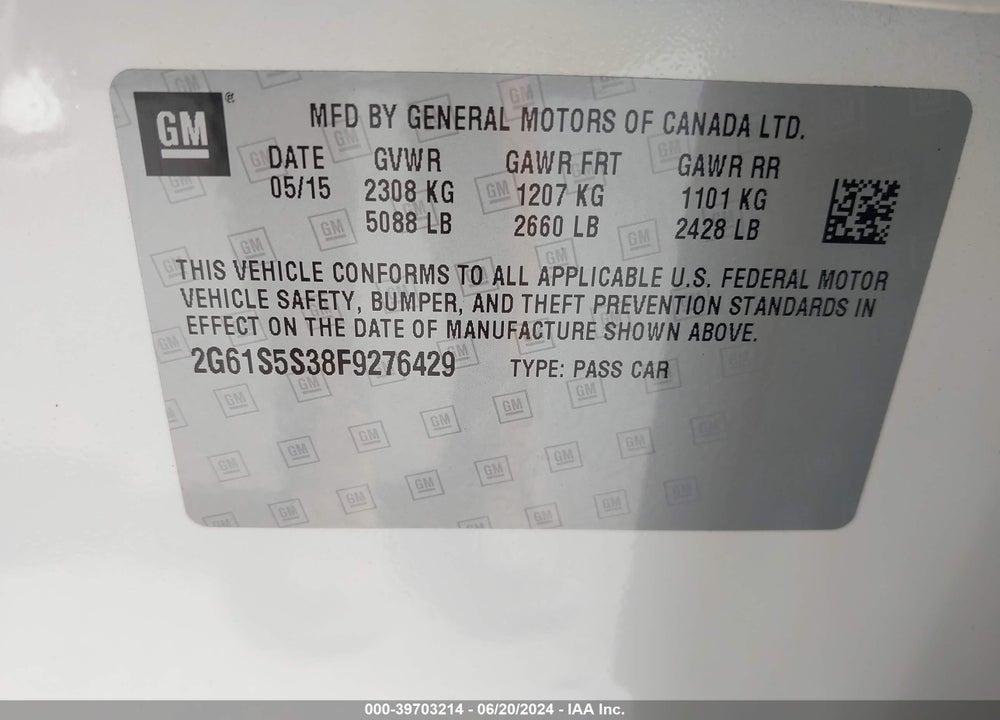 2015 CADILLAC XTS PLATINUM VIN: 2G61S5S38F9276429