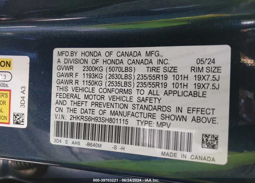 2025 HONDA CR-V HYBRID SPORT TOURING VIN: 2HKRS6H93SH801115