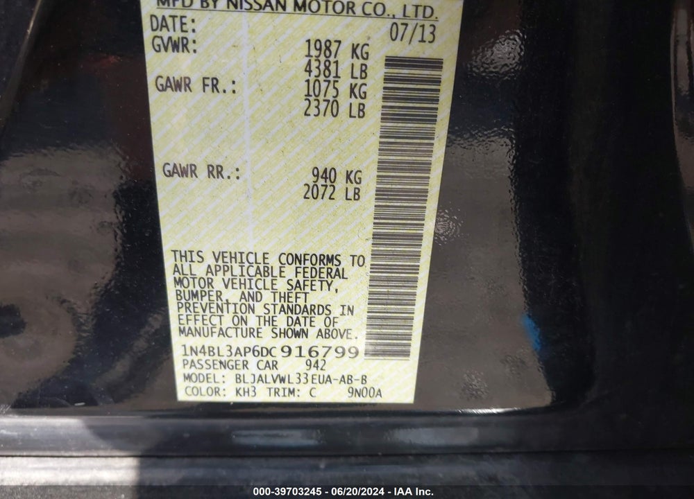 2013 NISSAN ALTIMA 3.5 SL VIN: 1N4BL3AP6DC916799