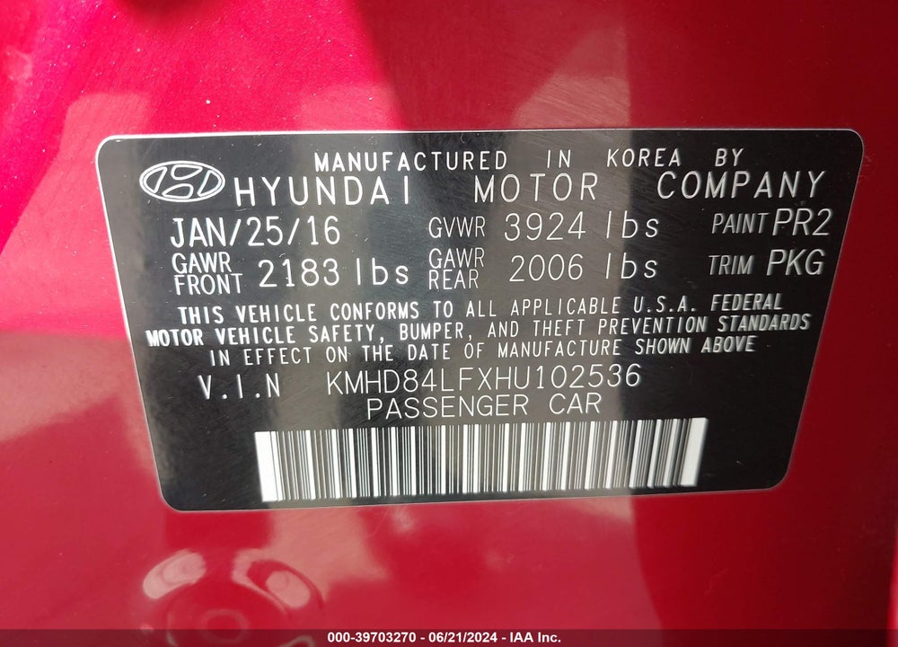 2017 HYUNDAI ELANTRA SE VIN: KMHD84LFXHU102536