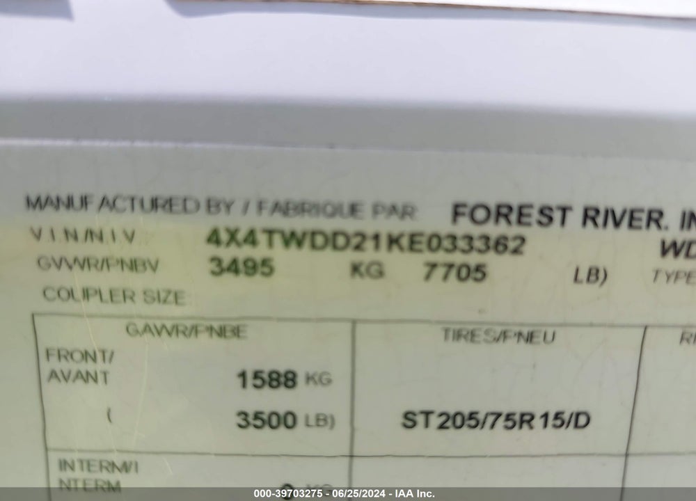 2019 WILDWOOD OTHER VIN: 4X4TWDD21KE033362