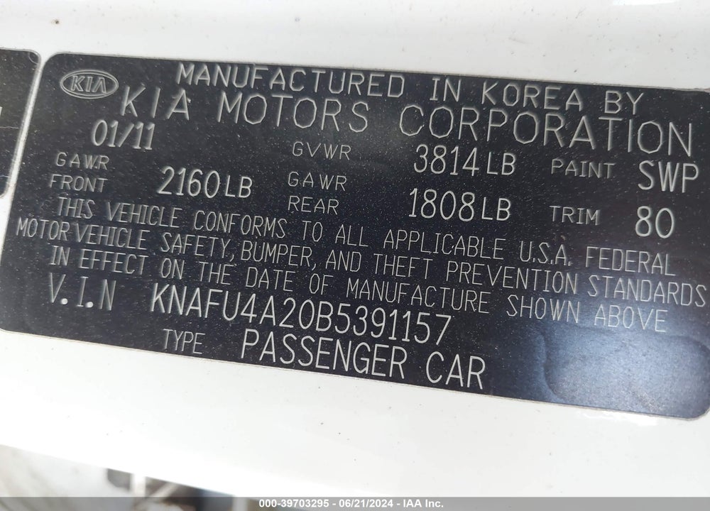 2011 KIA FORTE EX VIN: KNAFU4A20B5391157