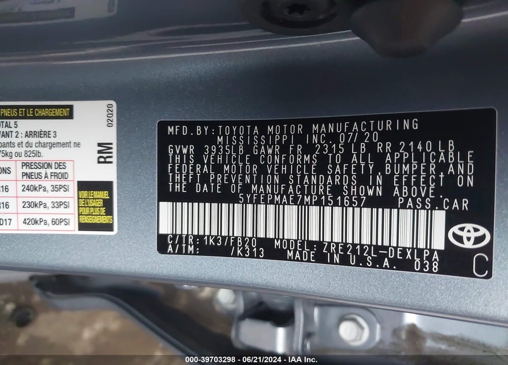 2021 TOYOTA COROLLA LE VIN: 5YFEPMAE7MP151657