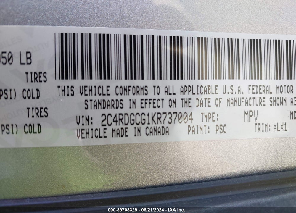 2019 DODGE GRAND CARAVAN SXT VIN: 2C4RDGCG1KR737004