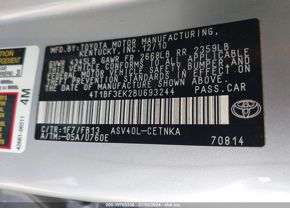 2011 TOYOTA CAMRY VIN: 4T1BF3EK2BU693244