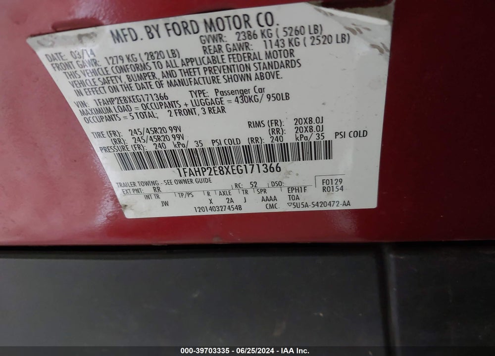 2014 FORD TAURUS SEL VIN: 1FAHP2E8XEG171366