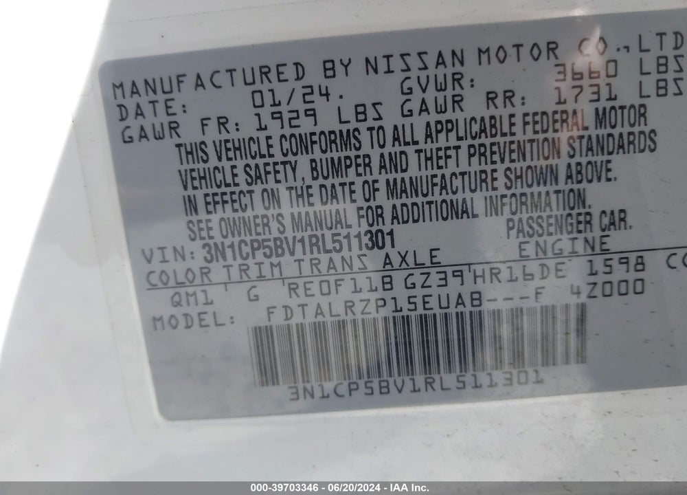 2024 NISSAN KICKS S XTRONIC CVT VIN: 3N1CP5BV1RL511301