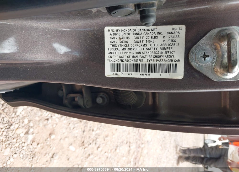 2013 HONDA CIVIC LX VIN: 2HGFB2F5XDH559755
