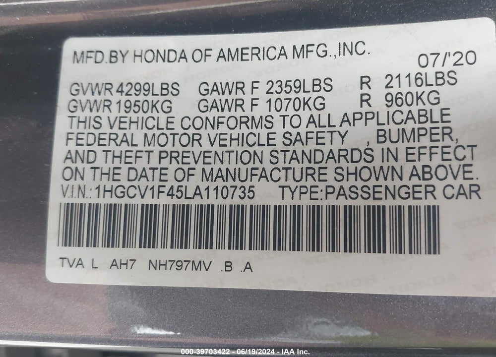 2020 HONDA ACCORD EX VIN: 1HGCV1F45LA110735