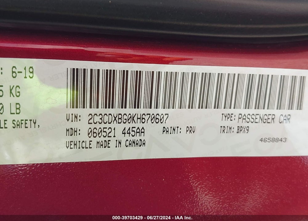 2019 DODGE CHARGER SXT RWD VIN: 2C3CDXBG0KH670607