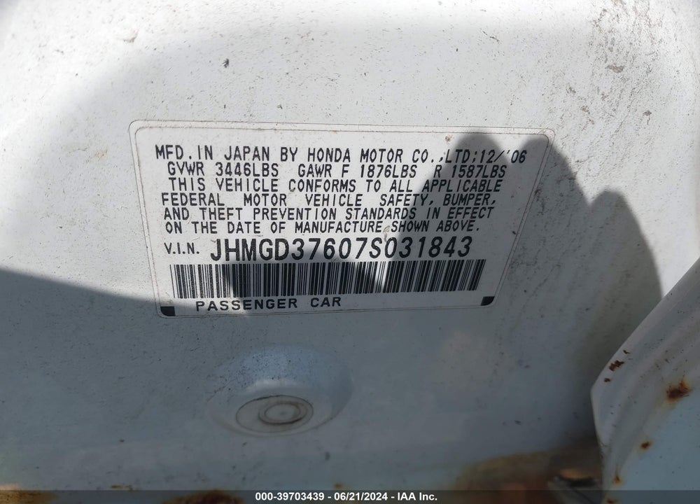 2007 HONDA FIT SPORT VIN: JHMGD37607S031843