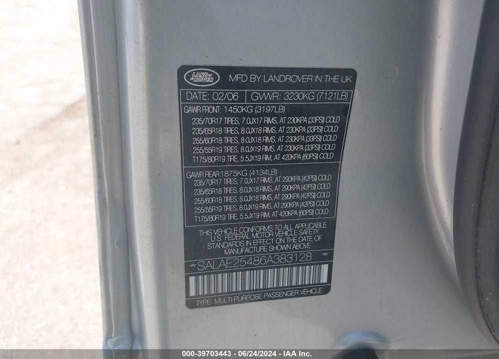 2006 LAND ROVER LR3 V8 SE VIN: SALAE25486A383128