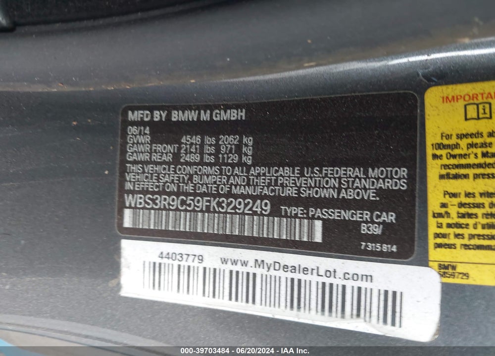 2015 BMW M4 VIN: WBS3R9C59FK329249