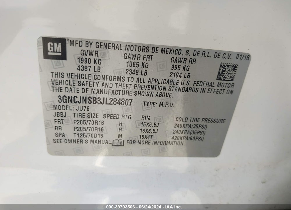 2018 CHEVROLET TRAX LS VIN: 3GNCJNSB3JL284807