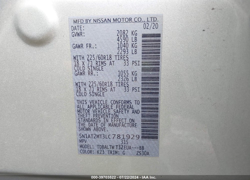 2020 NISSAN ROGUE SV FWD VIN: 5N1AT2MT3LC781929