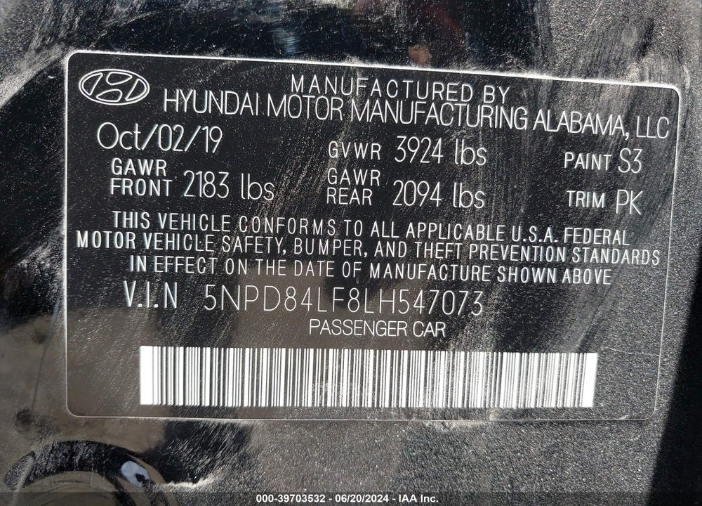 2020 HYUNDAI ELANTRA SEL VIN: 5NPD84LF8LH547073