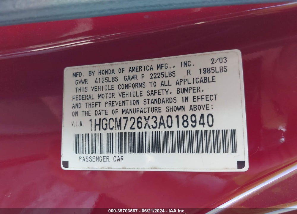 2003 HONDA ACCORD 2.4 EX VIN: 1HGCM726X3A018940