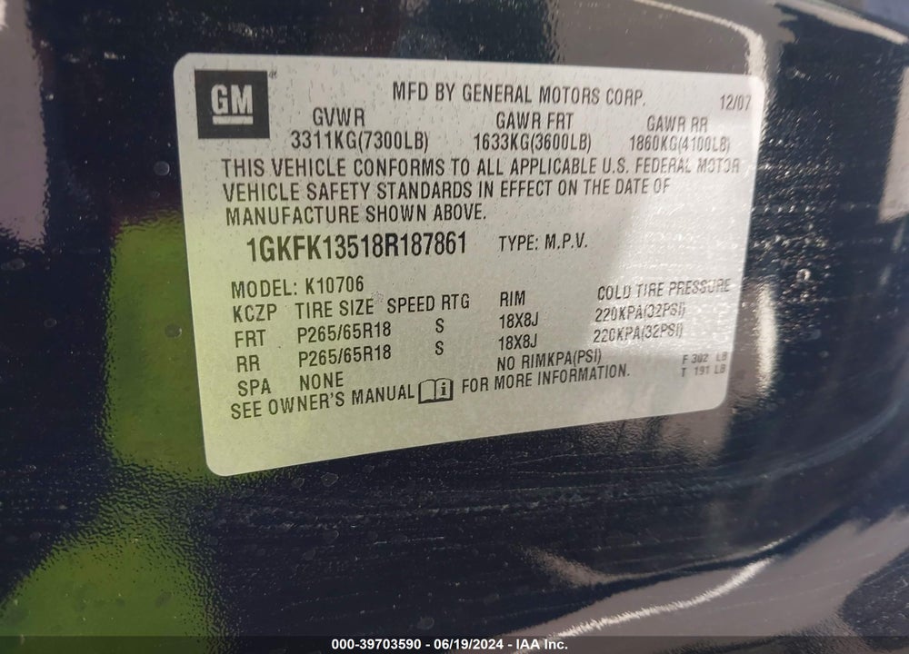 2008 GMC YUKON HYBRID VIN: 1GKFK13518R187861