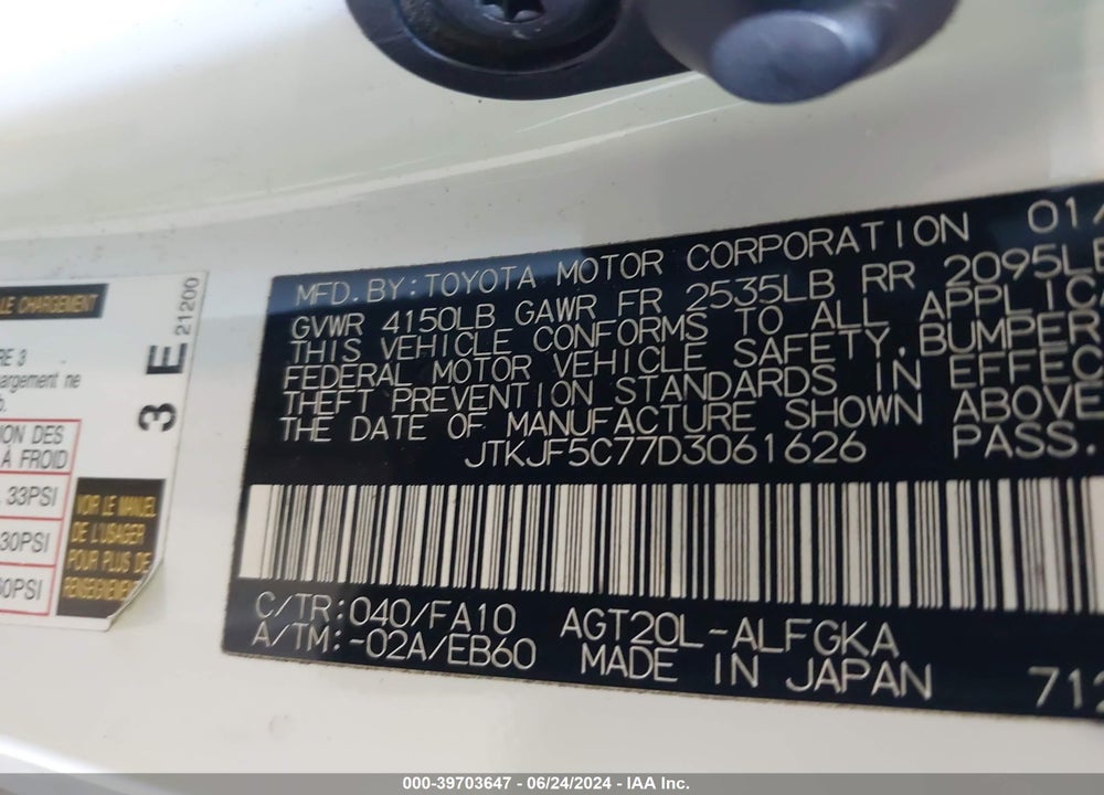 2013 SCION TC VIN: JTKJF5C77D3061626