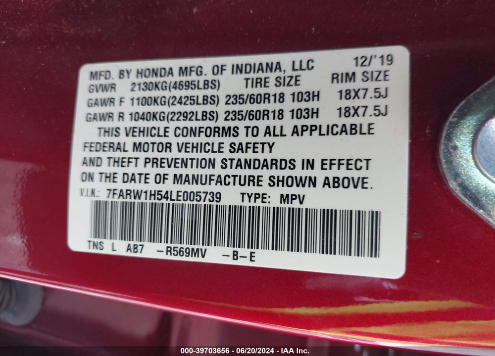 2020 HONDA CR-V 2WD EX VIN: 7FARW1H54LE005739