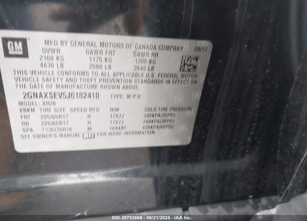 2018 CHEVROLET EQUINOX LT VIN: 2GNAXSEV5J6182410