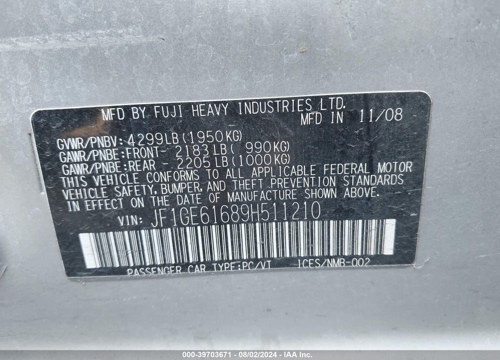 2009 SUBARU IMPREZA 2.5I VIN: JF1GE61689H511210