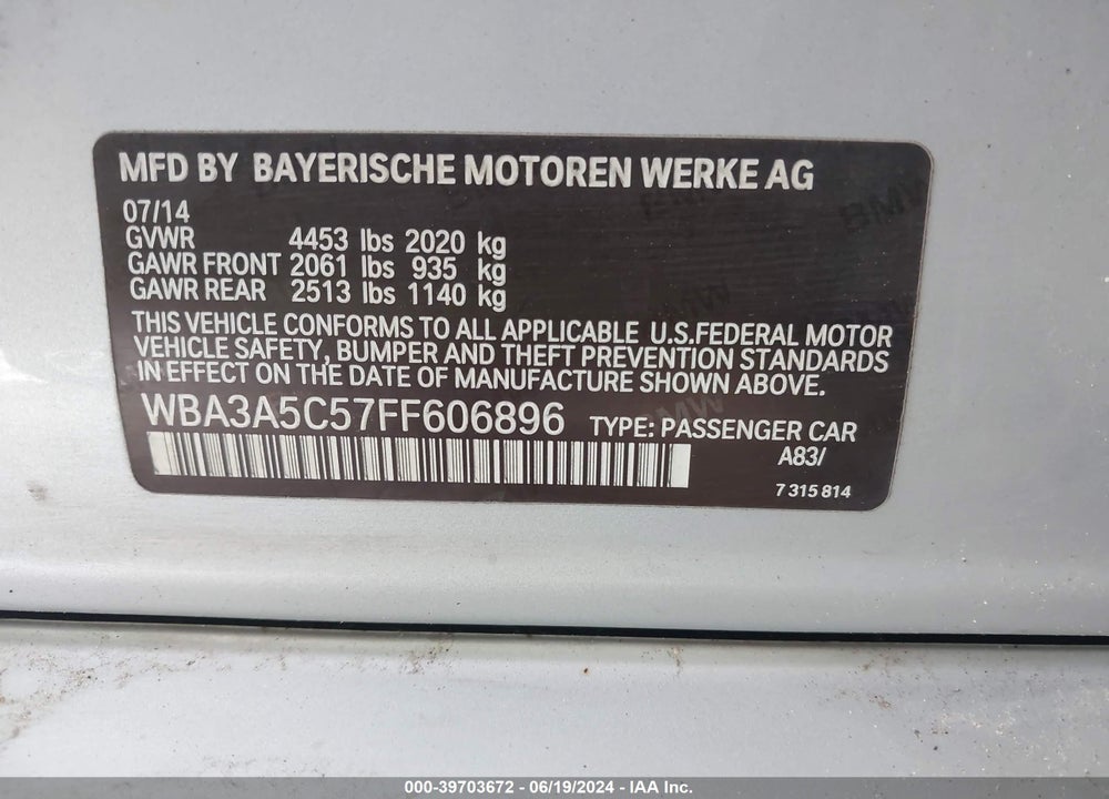 2015 BMW 328I VIN: WBA3A5C57FF606896