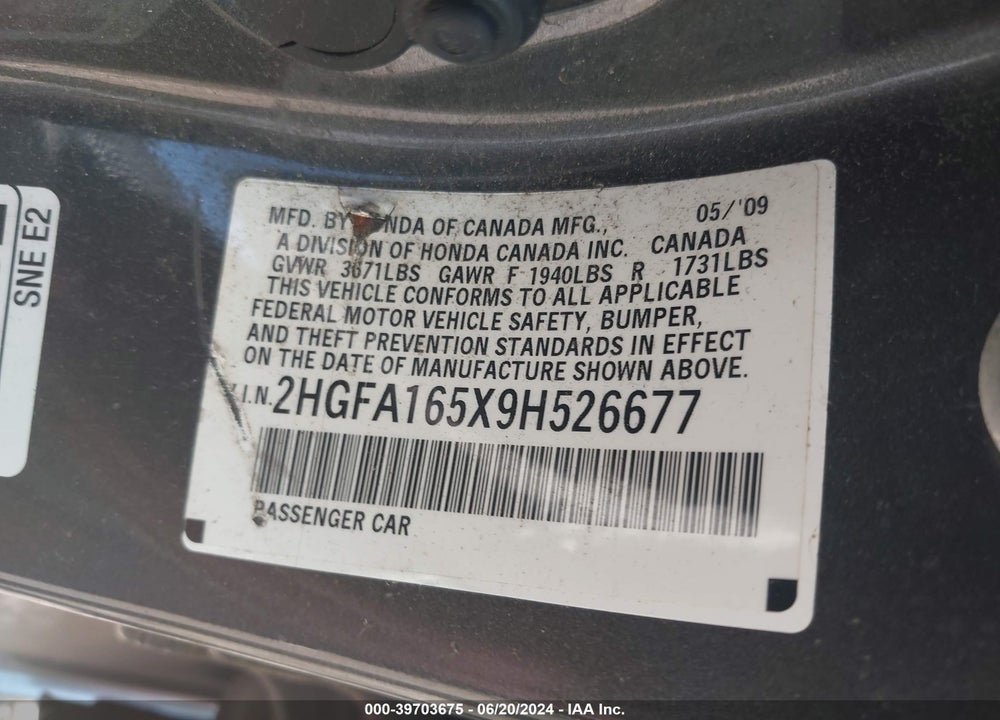 2009 HONDA CIVIC VIN: 2HGFA165X9H526677