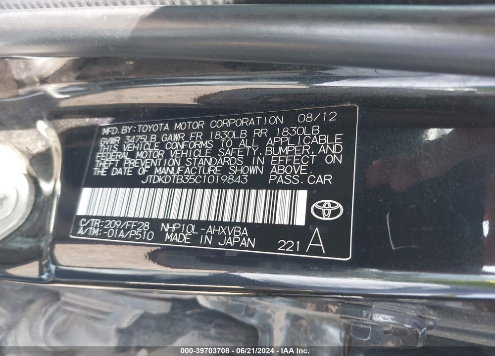2012 TOYOTA PRIUS C TWO VIN: JTDKDTB35C1019843