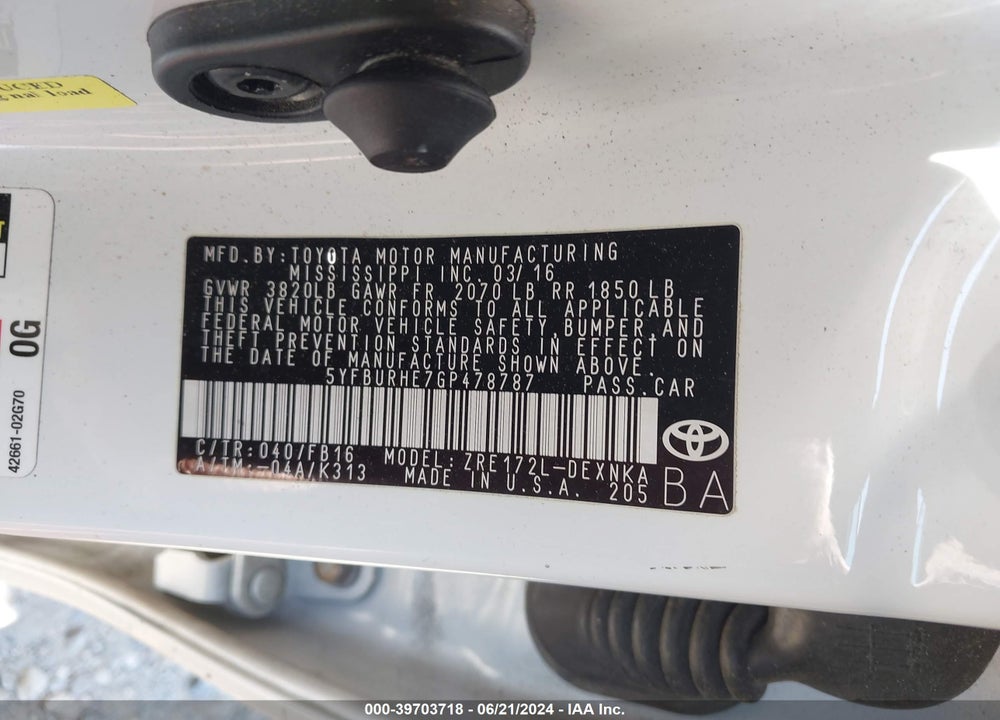 2016 TOYOTA COROLLA LE VIN: 5YFBURHE7GP478787