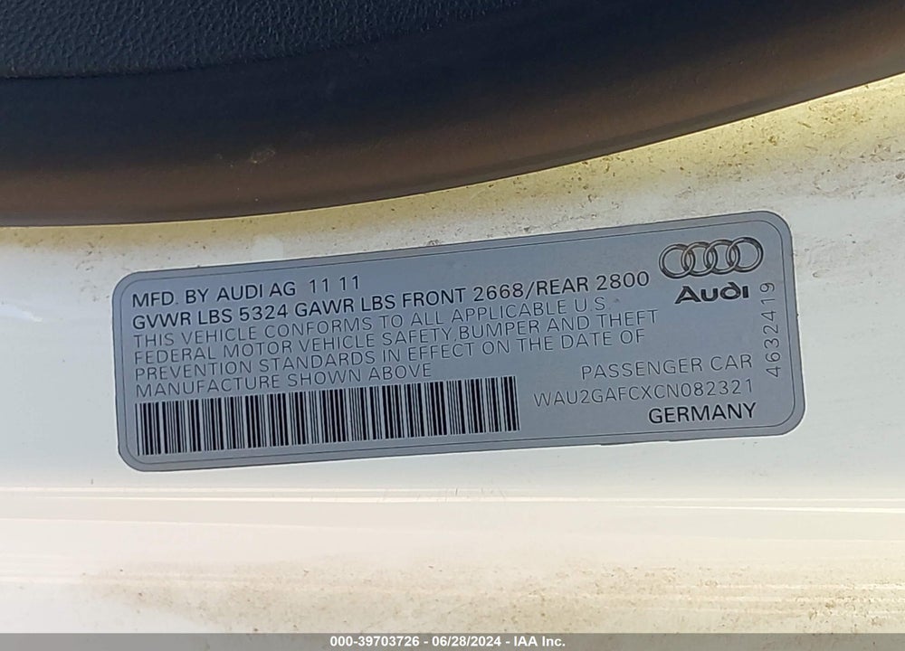 2012 AUDI A7 PREMIUM VIN: WAU2GAFCXCN082321