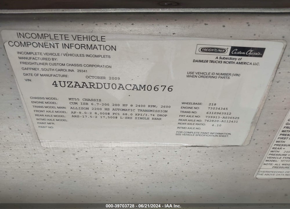 2010 FREIGHTLINER CHASSIS M LINE WALK-IN VAN VIN: 4UZAARDU0ACAM0676
