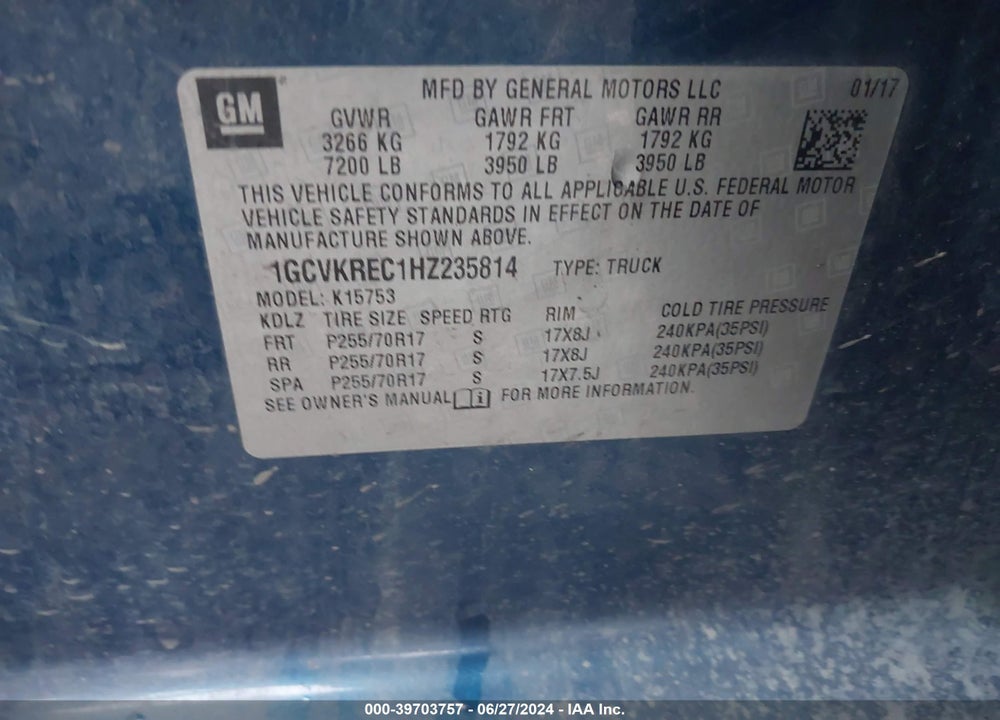 2017 CHEVROLET SILVERADO 1500 1LT VIN: 1GCVKREC1HZ235814