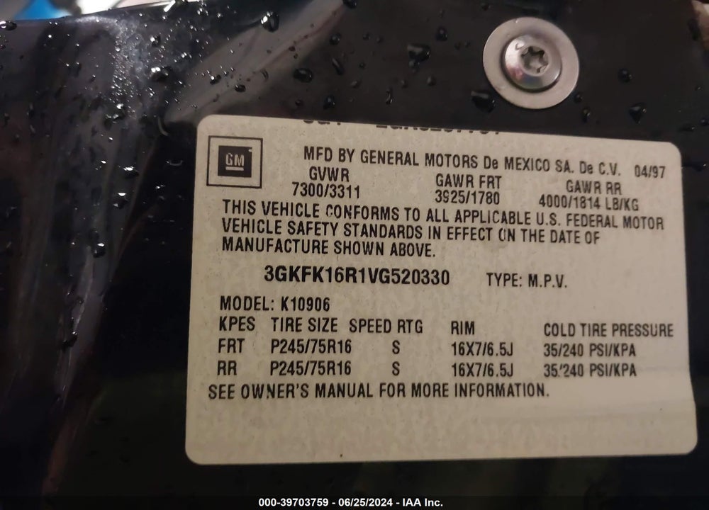 1997 GMC SUBURBAN 1500 SL VIN: 3GKFK16R1VG520330