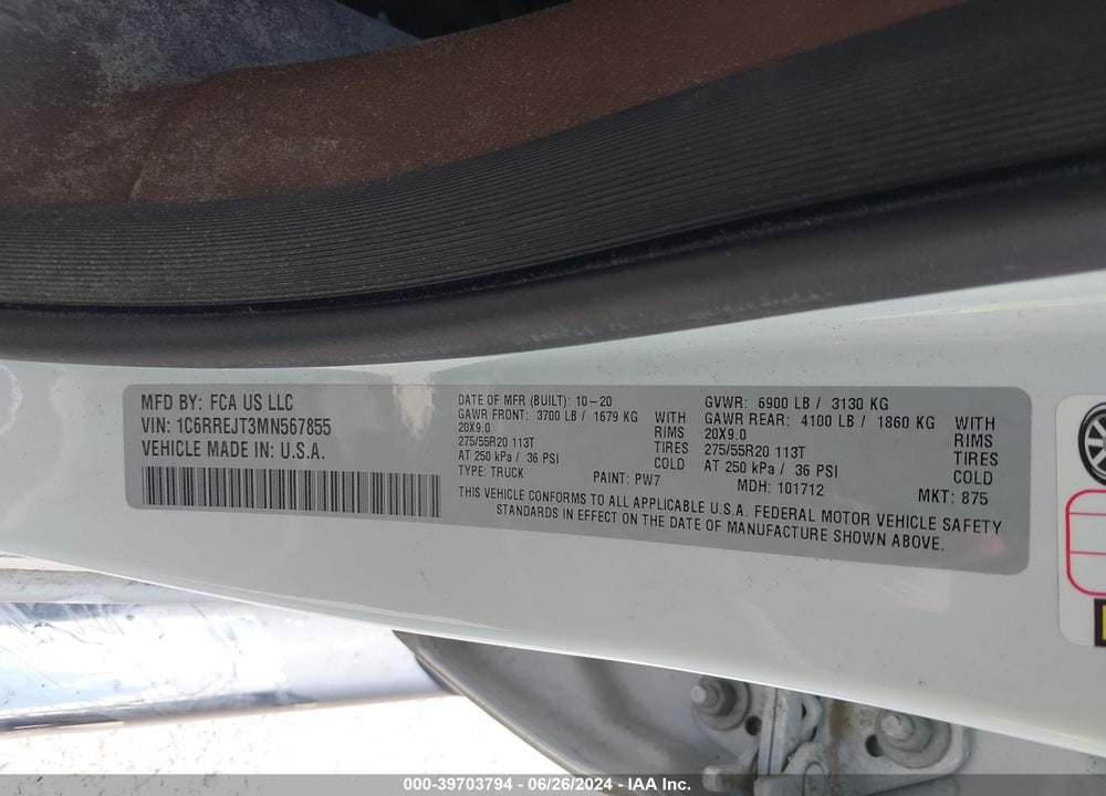 2021 RAM 1500 LAIE  4X2 5'7 BOX VIN: 1C6RREJT3MN567855