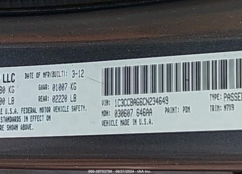 2012 CHRYSLER 200 LX VIN: 1C3CCBAG6CN234649