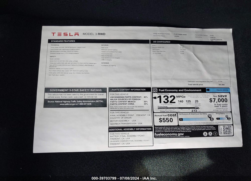 2024 TESLA MODEL 3 REAR-WHEEL DRIVE VIN: 5YJ3E1EA0RF749448