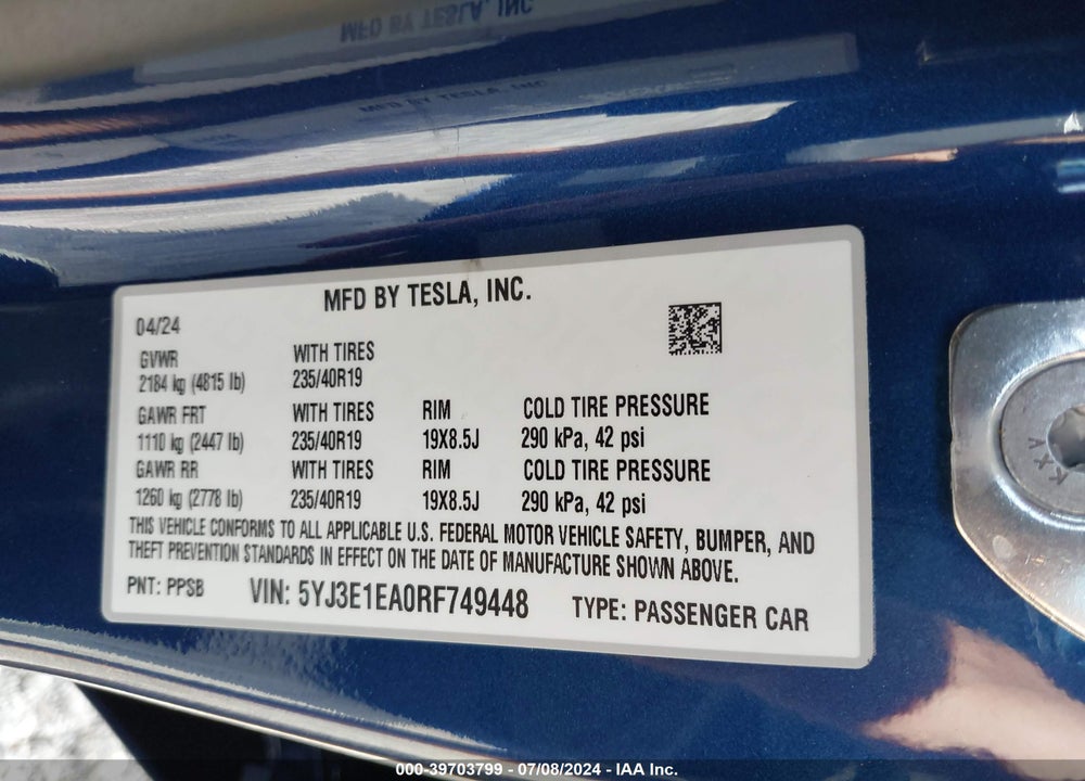 2024 TESLA MODEL 3 REAR-WHEEL DRIVE VIN: 5YJ3E1EA0RF749448