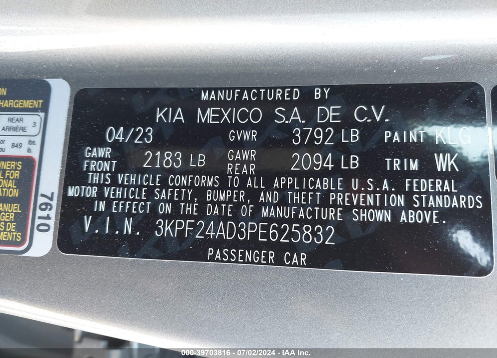 2023 KIA FORTE VIN: 3KPF24AD3PE625832
