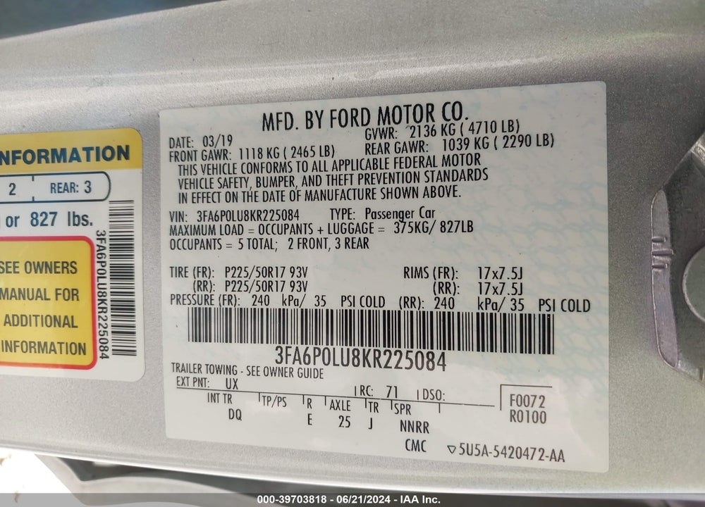 2019 FORD FUSION HYBRID SE VIN: 3FA6P0LU8KR225084