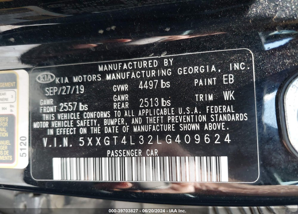 2020 KIA OPTIMA LX VIN: 5XXGT4L32LG409624