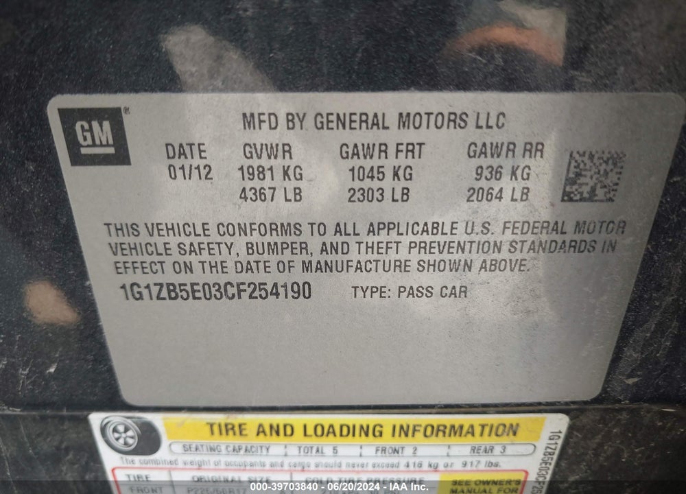 2012 CHEVROLET MALIBU LS VIN: 1G1ZB5E03CF254190
