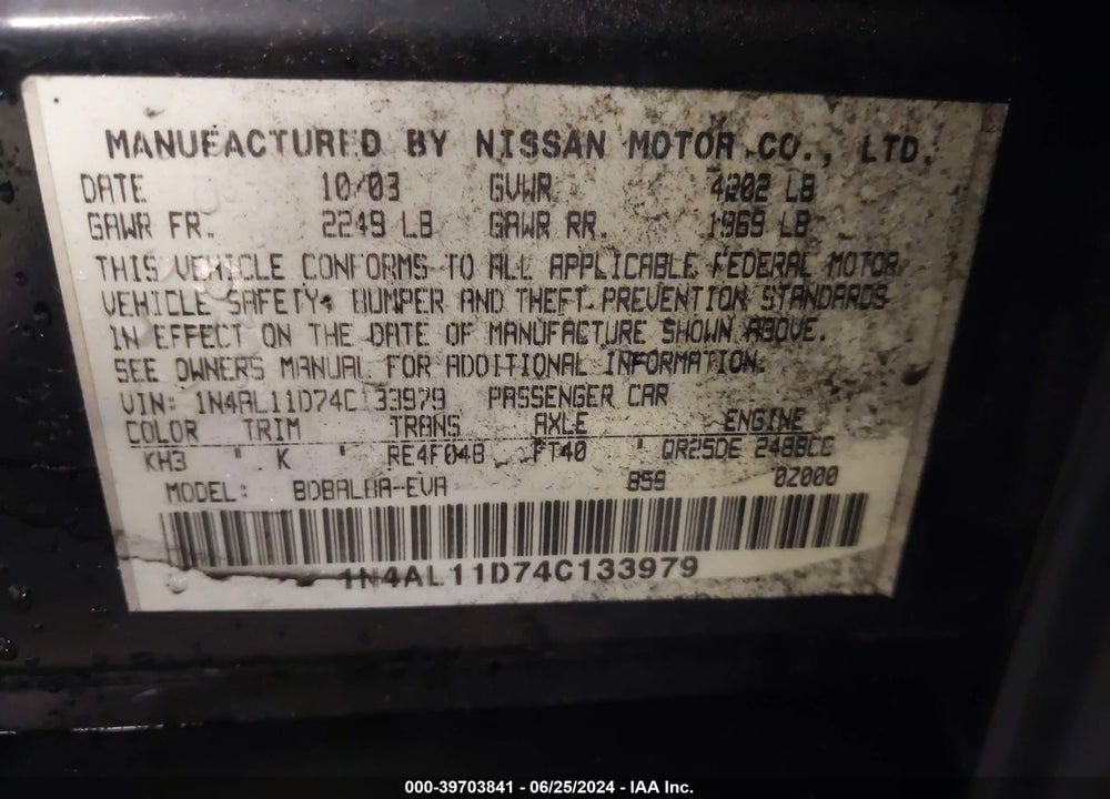 2004 NISSAN ALTIMA 2.5 S VIN: 1N4AL11D74C133979