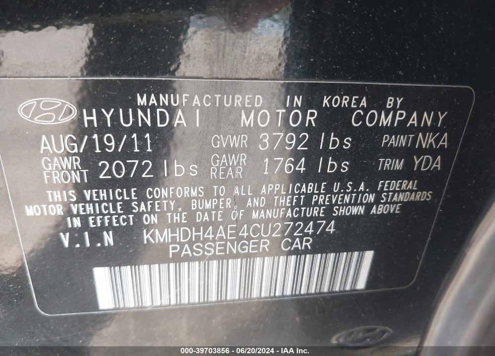 2012 HYUNDAI ELANTRA GLS (ULSAN PLANT) VIN: KMHDH4AE4CU272474