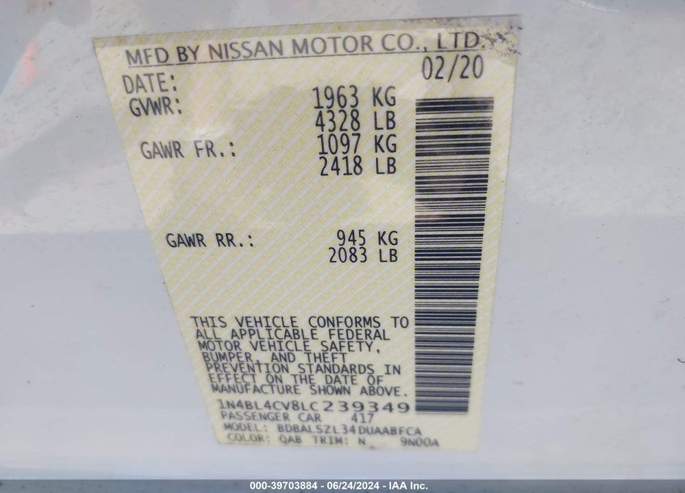 2020 NISSAN ALTIMA SR FWD VIN: 1N4BL4CV8LC239349