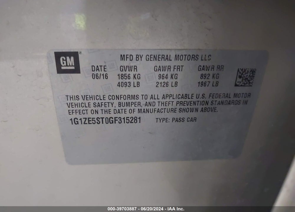 2016 CHEVROLET MALIBU 1LT VIN: 1G1ZE5ST0GF315281