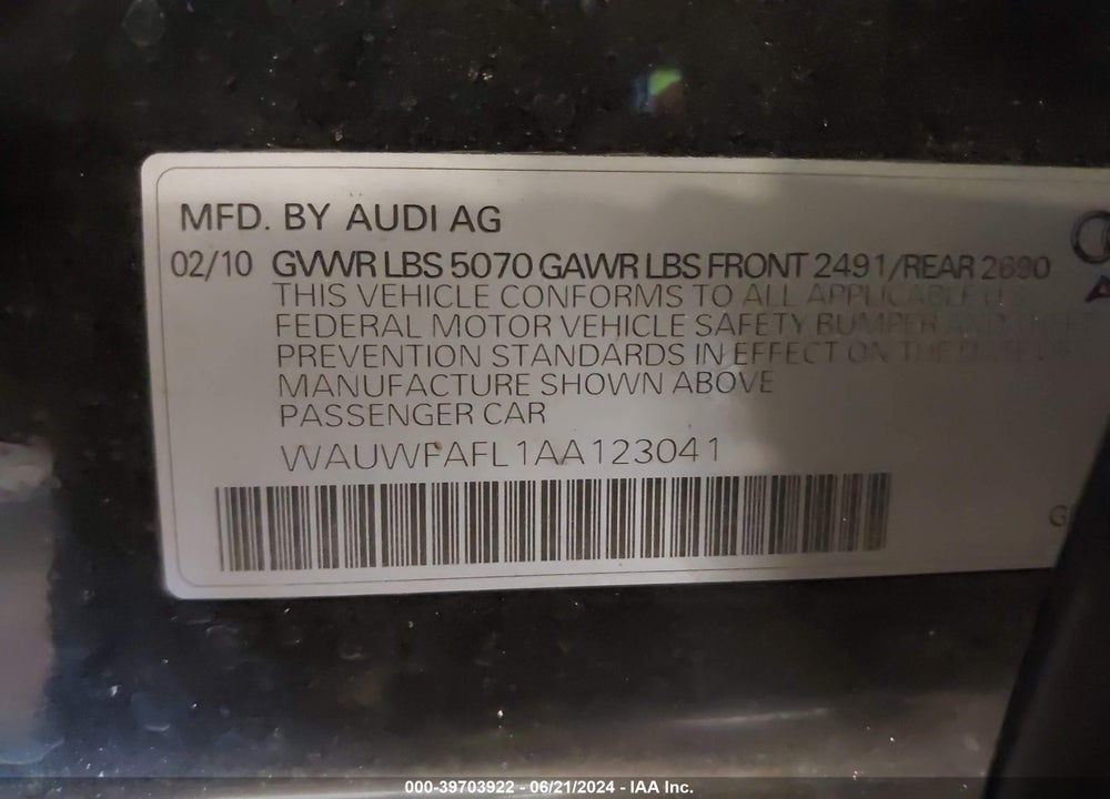 2010 AUDI A4 2.0T PREMIUM VIN: WAUWFAFL1AA123041