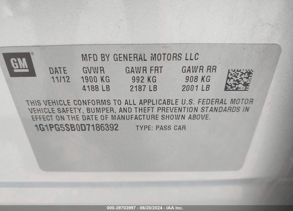 2013 CHEVROLET CRUZE LTZ VIN: 1G1PG5SB0D7186392