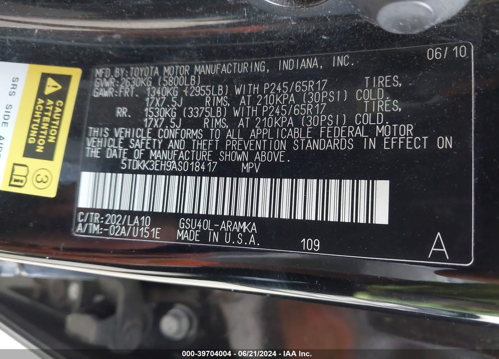 2010 TOYOTA HIGHLANDER SE V6 VIN: 5TDKK3EH9AS018417
